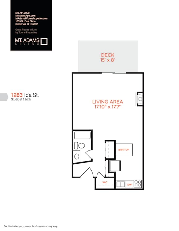 A floor plan for a studio apartment at Mt Adams Living.